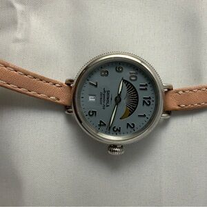 Shinola Runwell Moon Phase Ladies Watch 36mm Argonite 708 Blue dial blush strap